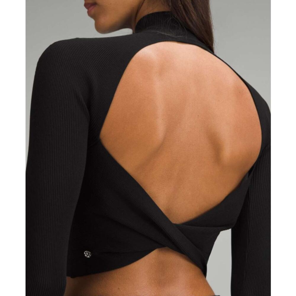 Lululemon Sweater Women Medium Ribbed Knit Twist Back Mockneck Top Yoga Athletic - Picture 2 of 14